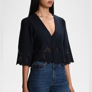 CISSA The Lady Lace-Trim Buttoned Shirt in Navy Vintage Lace Size Large